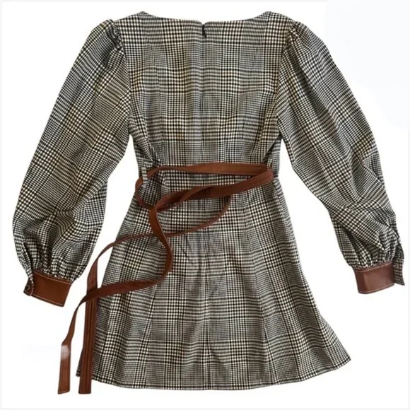 STAUD ‘Oz’ Checkered Long Sleeve Dress with Leatherette Details - Picture 9 of 16